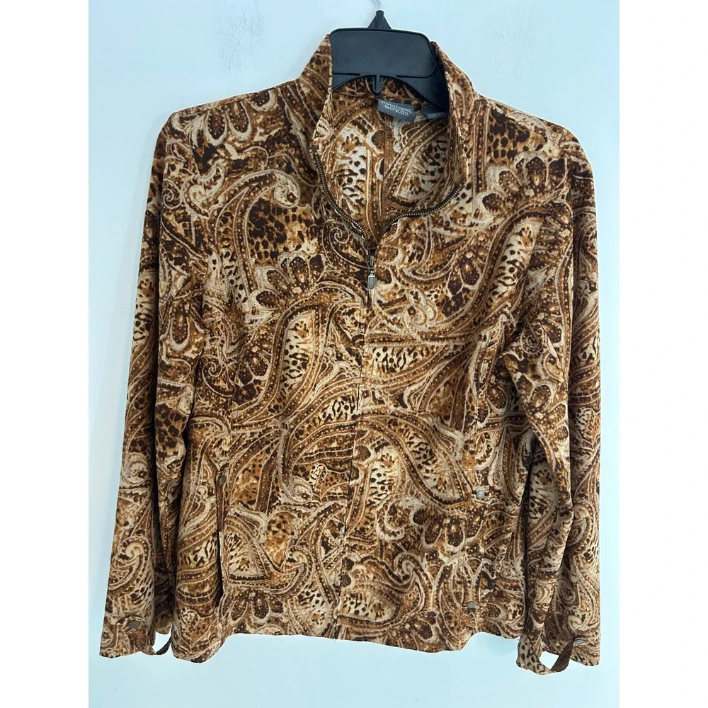 Chicos Additions Brown Paisley Full Zip Mock Neck Jacket Women Size 1 Medium